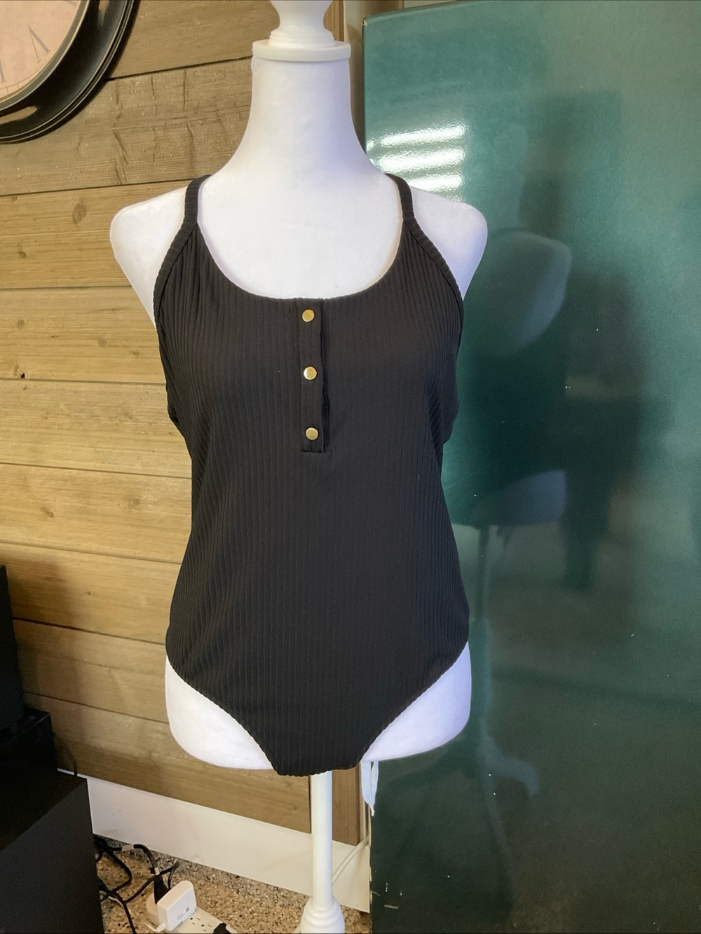 Victoria's Secret Black Ribbed Button-Front One-Piece Bodysuit